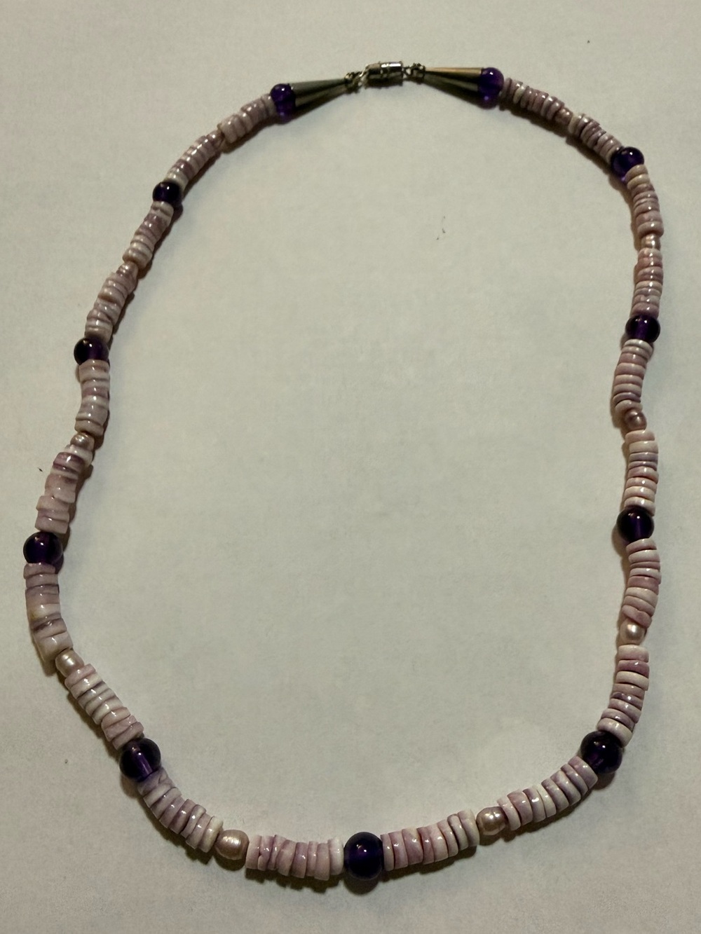 Purple Heishi Beaded Necklace, Ball/Bead Chain, Barrel Closure, Pearl Amethyst